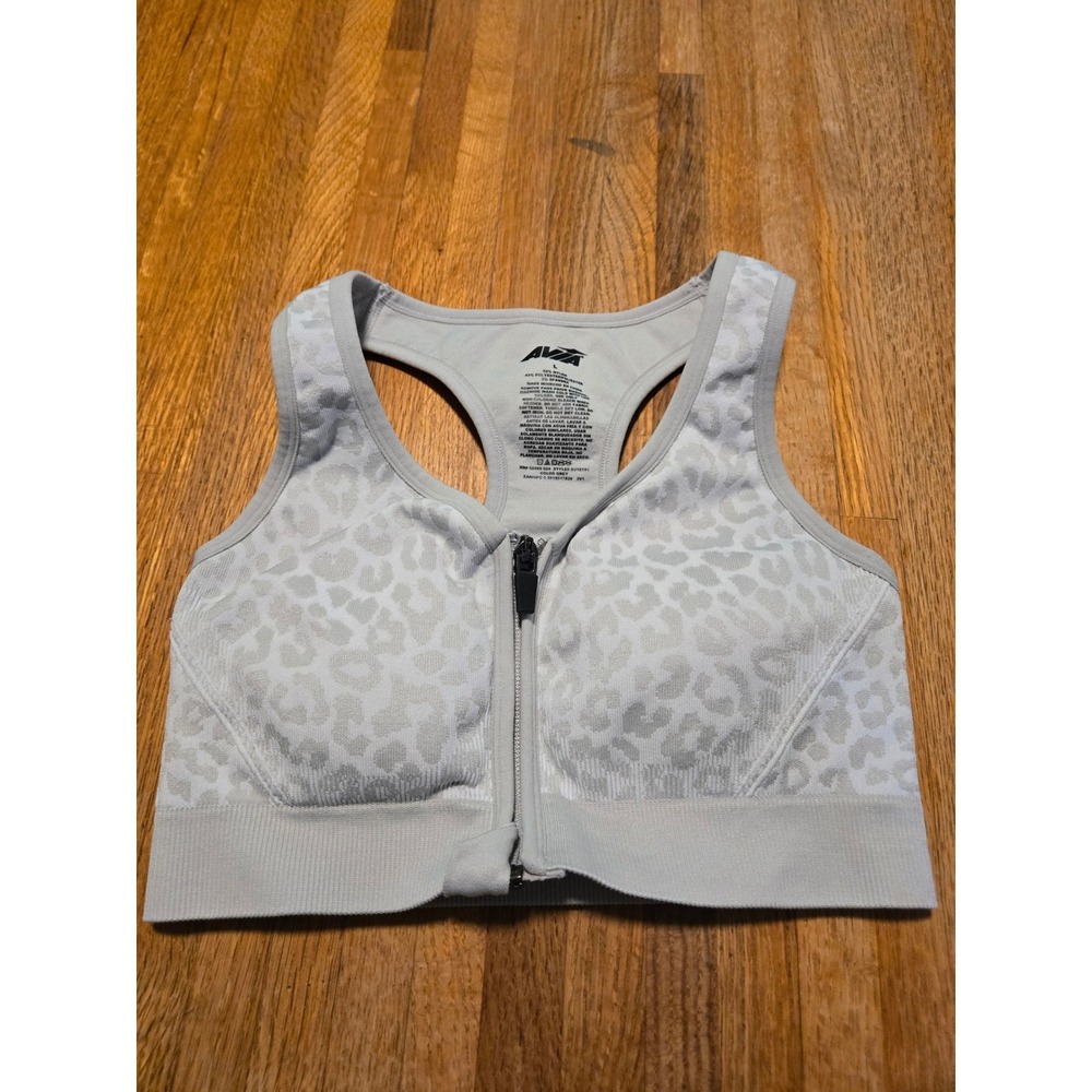 Avia Women Large Grey Leopard Print Zip Front Racerback Sports Bra AV18191
